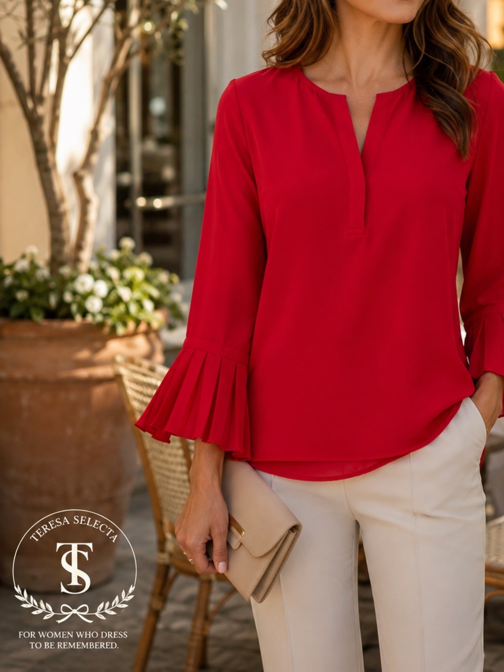 Chico’s Red Split Neck Pleated Bell Sleeve Blouse Size 1 M 8/10